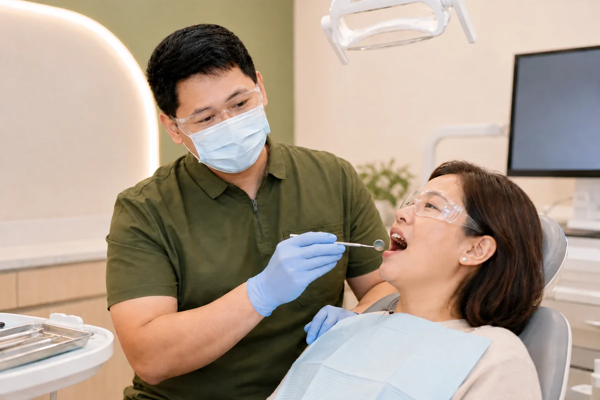 A masked dentist gently examining an adult patient with a dental mirror at the chair