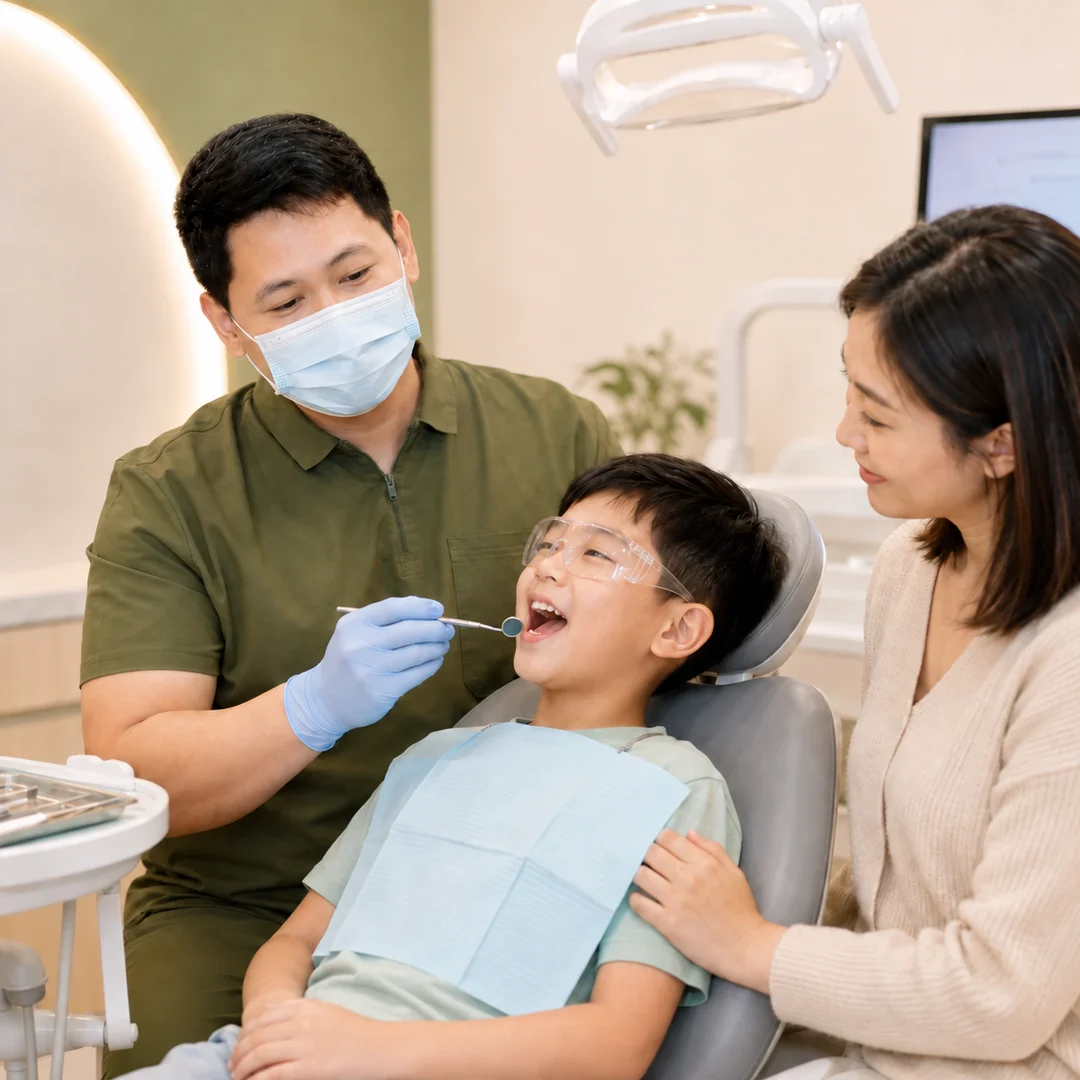 A masked dentist gently checking a child’s teeth with a parent beside the dental chair