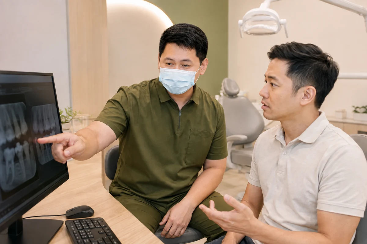 A masked dentist and an adult patient looking at dental images together on a monitor