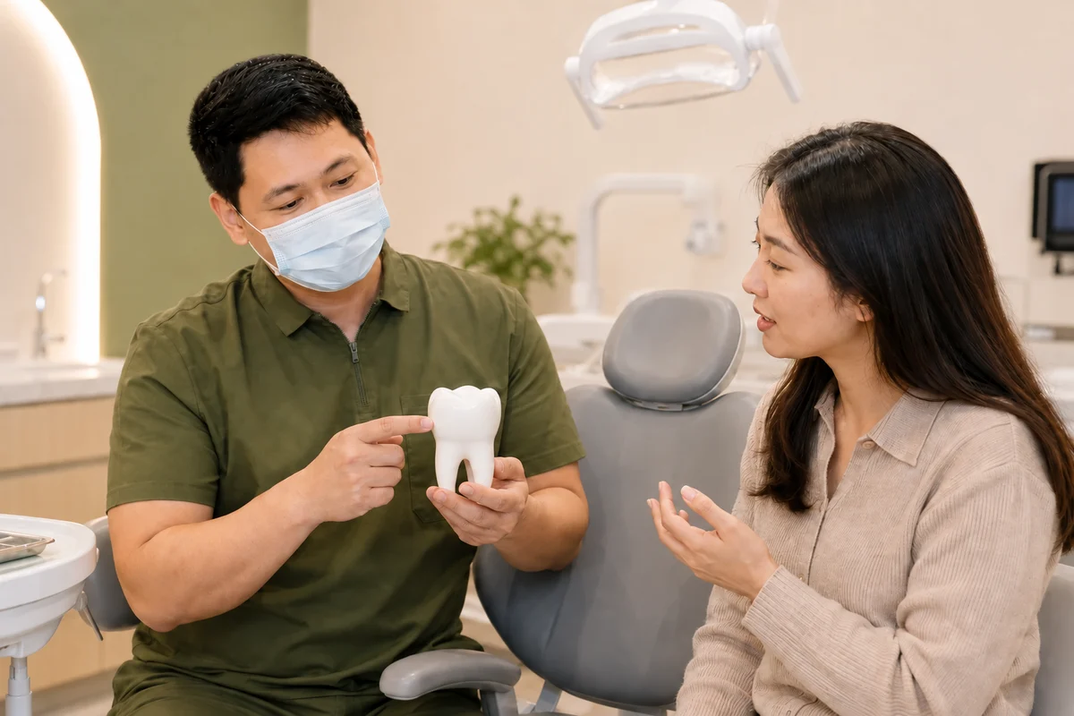 A masked dentist explaining a tooth model to an adult patient beside a dental chair