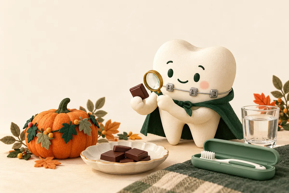 A friendly illustrated tooth with braces and a green cape looks at a plain chocolate square beside a pumpkin and water.