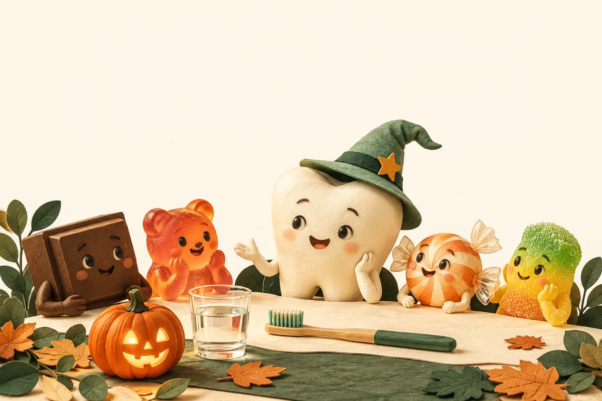A friendly illustrated tooth in a wizard hat meets four candy characters around a table with a pumpkin, water and toothbrush.